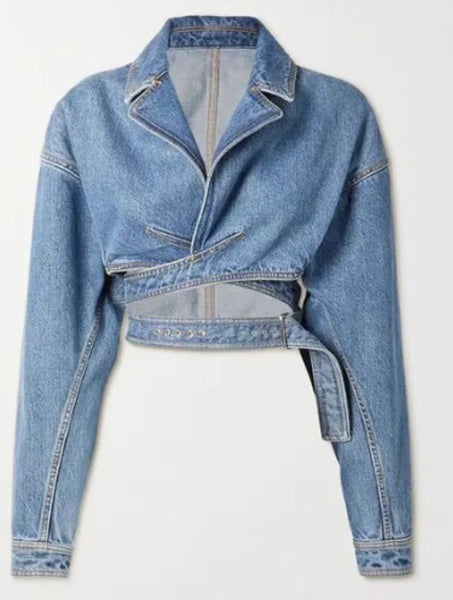 Women Fashion Denim Wrap Crop Jacket