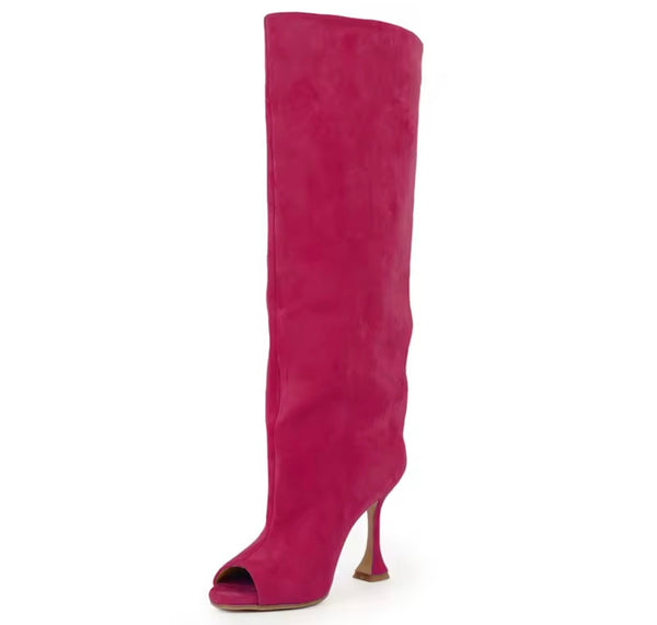 Women Suede Open Toe Fashion High Heel Knee Length Boots
