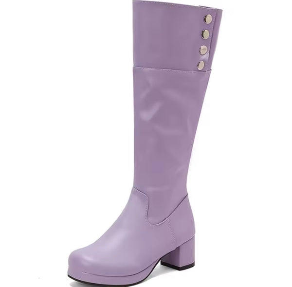 Women Color Button Fashion Faux Leather Knee High Boots