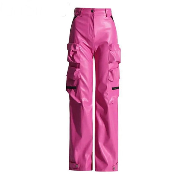 Women Pink Faux Leather Fashion Zipper Cargo Pants