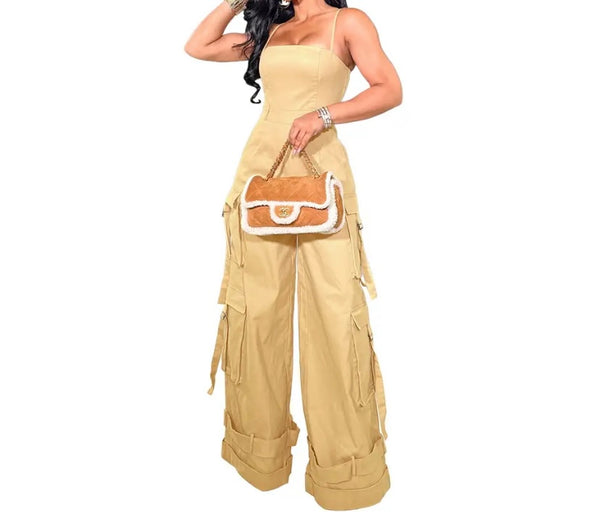 Women Sexy Sleeveless Buckled Cargo Wide Leg Jumpsuit