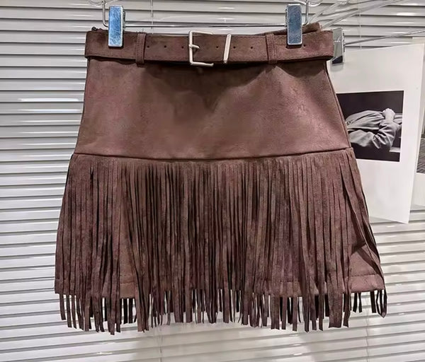 Women Color Fashion Sexy Suede Fringe Tassel Skirt
