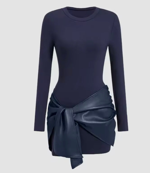 Women Color Fashion Faux Leather Wrap Full Sleeve Dress