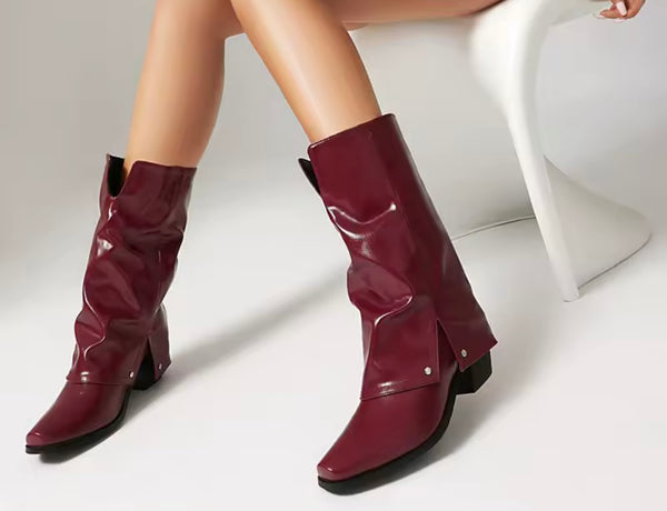 Women Pointed Toe Faux Leather Fashion Ankle Western Boots