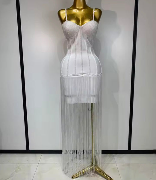 Women Rhinestone Sleeveless Fringe Tassel Sexy Maxi Dress