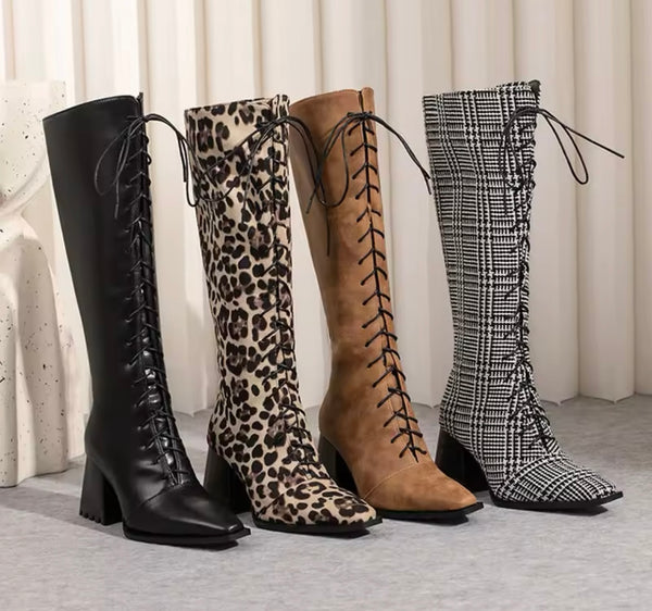 Women Fashion Pointed Toe Lace Up Knee High Boots