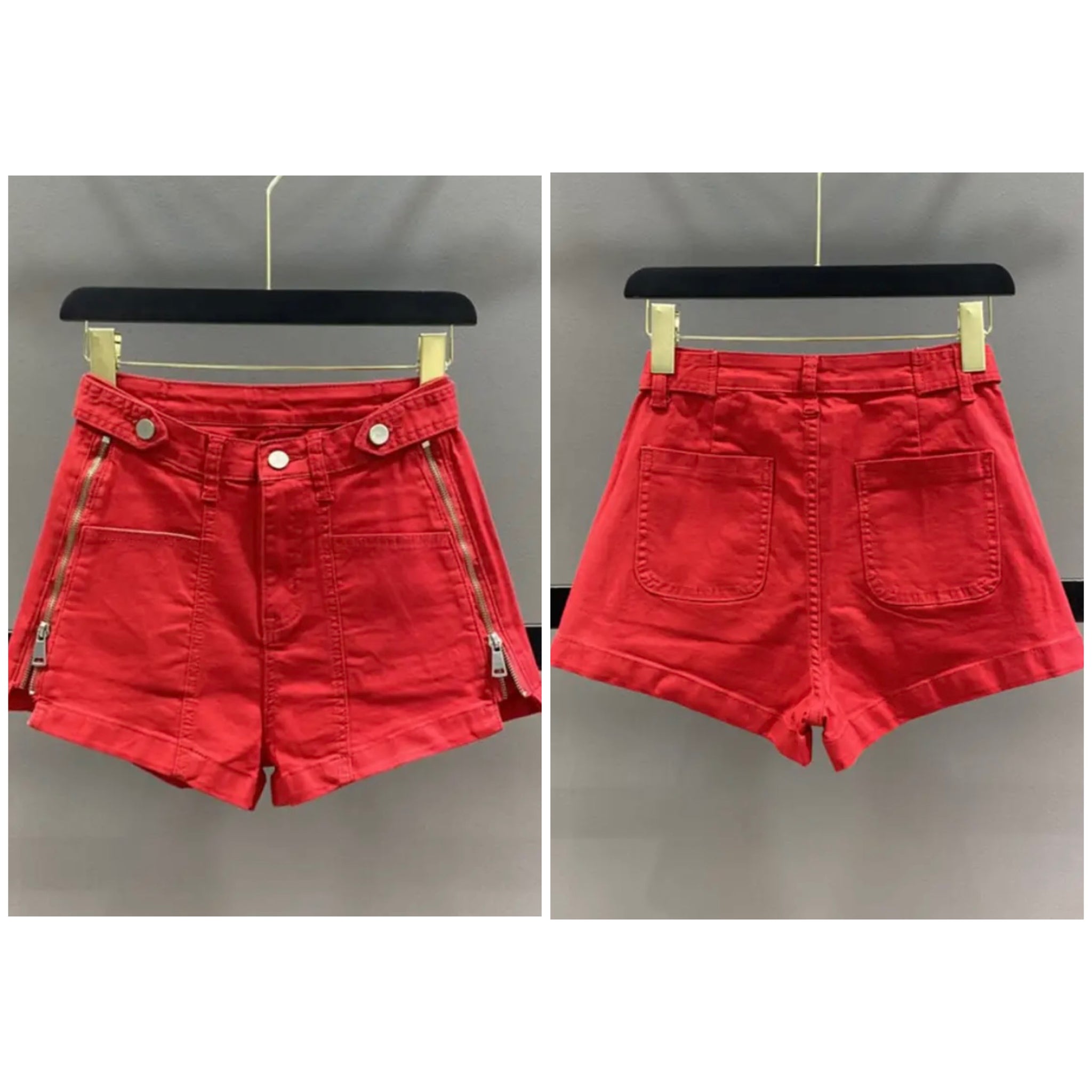 Women Red Fashion Zipper Denim Shorts