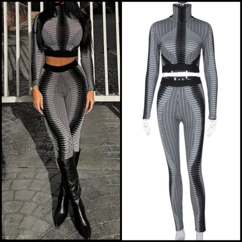 Women Fashion Full Sleeve Crop Color Patchwork Two Piece Pant Set