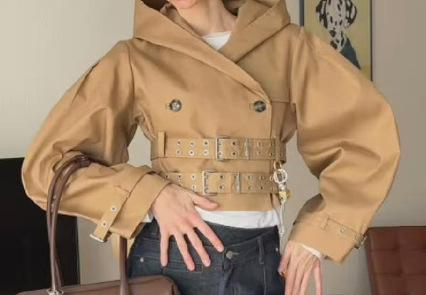 Women Fashion Khaki Buckle Long/Short Jacket