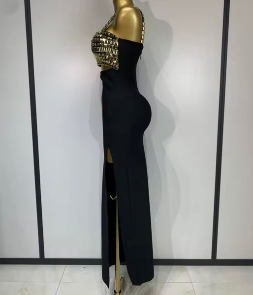 Women Black Sleeveless Sexy Gold Rivet Maxi Dress
