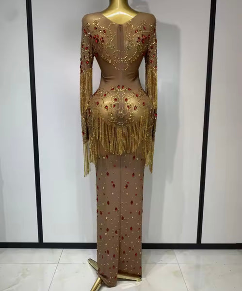 Women Sexy Full Sleeve Crystal Rhinestone Tassel Mesh Maxi Dress