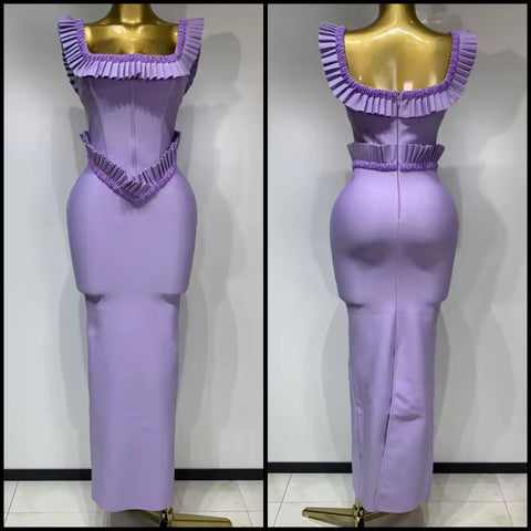 Women Sexy Beaded Ruffled Short Sleeve Purple Maxi Dress