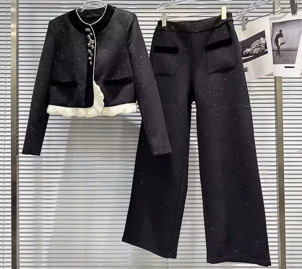 Women Fashion Sparkly B&W Lace Button Up Blazer Two Piece Pant Set