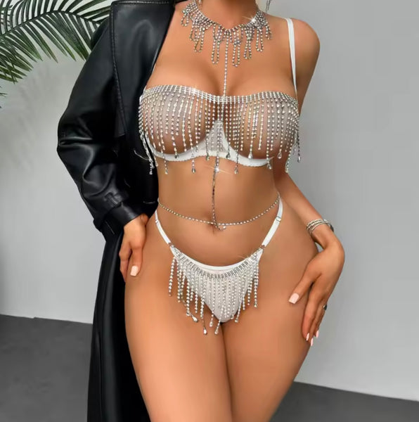 Women Sexy Rhinestone Tassel Mesh Lingerie Set