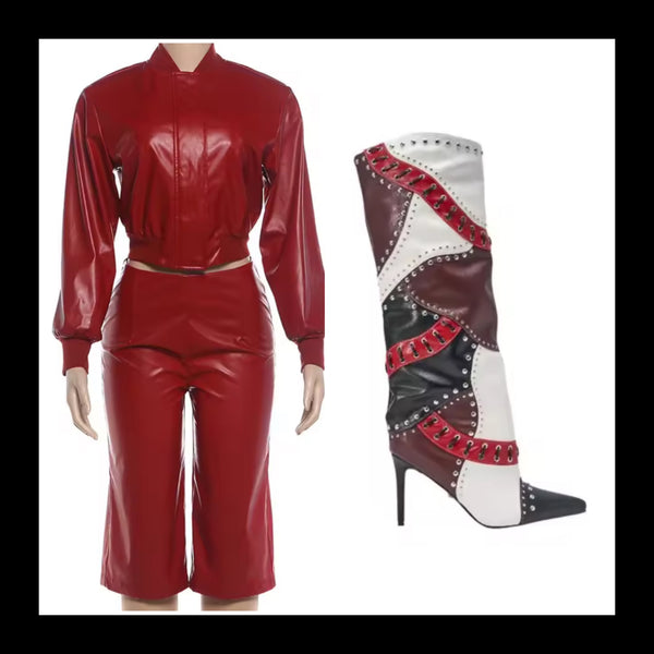Women Fashion Red Faux Leather Jacket Two Piece Capri Pant Set