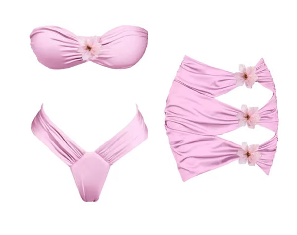 Women Strapless Floral Bikini Cover Up Set