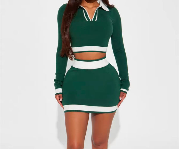 Women Sexy Color Patchwork Collar Full Sleeve Two Piece Skirt Set