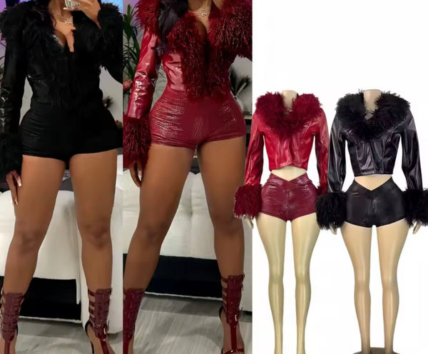 Women Fashion Fur Patchwork PU Jacket Two Piece Short Set