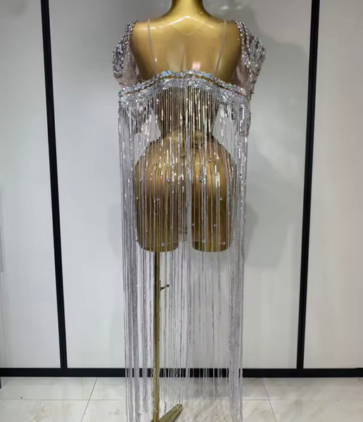 Women Sexy Sleeveless Sparkly Rhinestone Mesh Tassel Dress