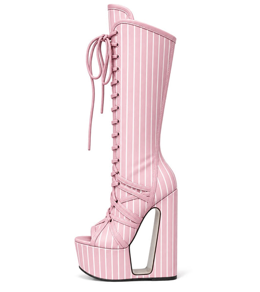Women Fashion Striped Open Toe Platform Wedge Tie Up Boots