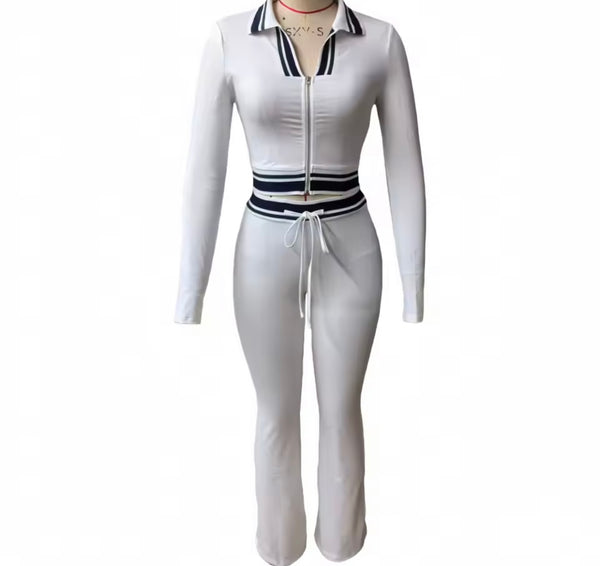 Women Fashion Striped Zip Up Tracksuit Two Piece Pant Set