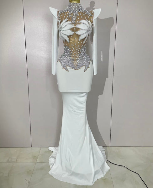 Women Sexy Rhinestone Pearl Mesh Patchwork Maxi Dress
