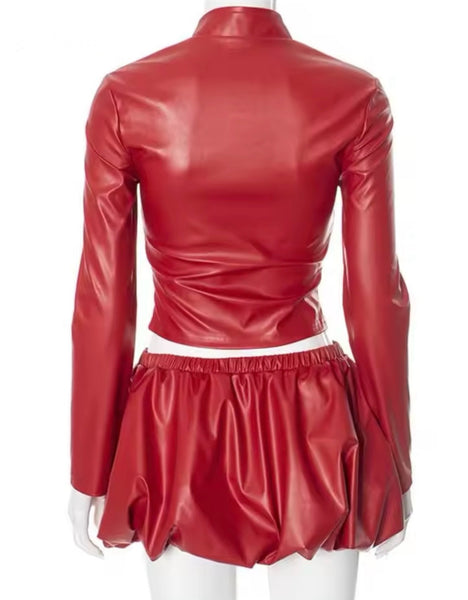 Women Sexy Red PU Zip Up Full Sleeve Two Piece Skirt Set