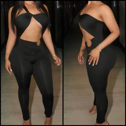 Women Sexy Black Strapless Metal Cut Out Jumpsuit