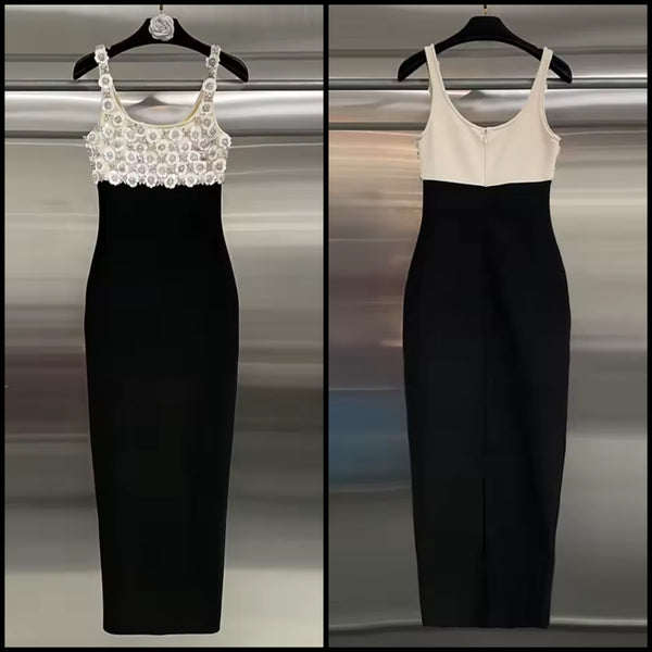 Women Sexy B&W Beaded Bling Sleeveless Maxi Dress