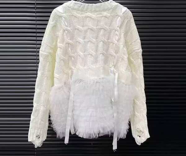 Women Fashion Ruffled Bow Full Sleeve Sweater Top