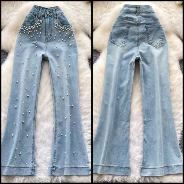 Women Fashion Blue Pearl Denim Flare Pants
