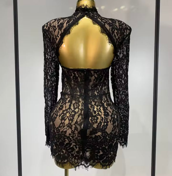 Women Black Sexy Turtleneck Full Sleeve Cut Out Lace Dress