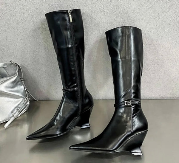 Women Fashion Pointed Toe Patent Leather Buckled Wedge Boots