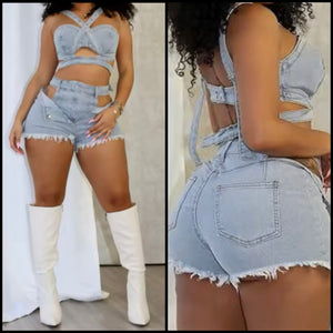 Women Sleeveless Cut Out Ripped Denim Two Piece Short Set