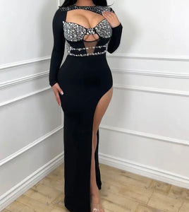 Women Sexy Bling Cut Out Full Sleeve Side Split Maxi Dress