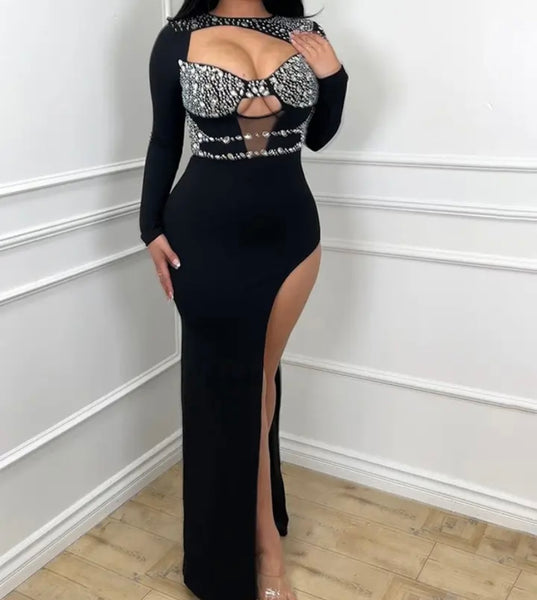 Women Sexy Bling Cut Out Full Sleeve Side Split Maxi Dress
