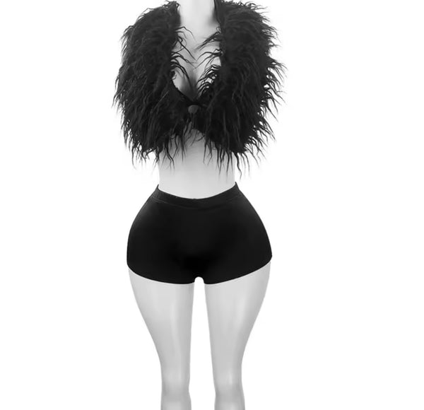 Women Sexy Sleeveless Color Feather Two Piece Short Set