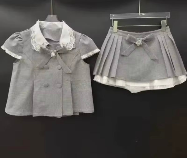Women Plaid Please Short Sleeve Fashion Two Piece Skirt Set