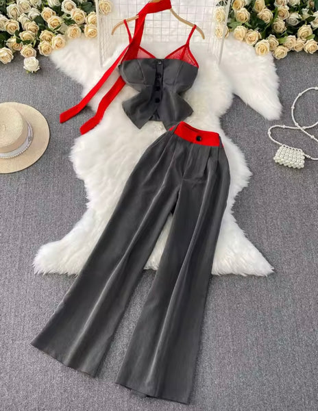 Women Gray Sleeveless Button Up Two Piece Fashion Pant Set