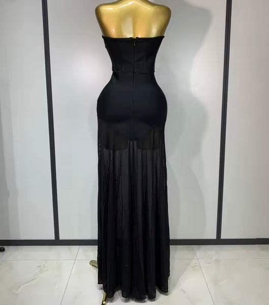 Women Black Sexy Rhinestone Strapless Mesh Patchwork Dress