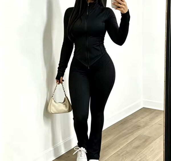 Women Fashion Color Zip Up Headband Three Piece Pant Set