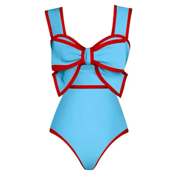 Women Fashion Bow Color Patchwork Polka Dot Swimsuit Cover Up Set