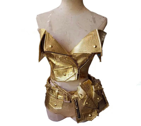 Women Sexy Fashion Gold Faux Leather Two Piece Short Set