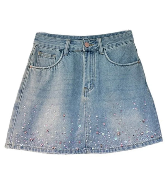 Women Blue Fashion Beaded Bling Denim Skirt