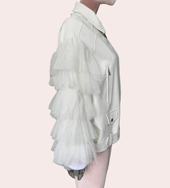 Women White Fashion Ruffled Faux Leather Jacket
