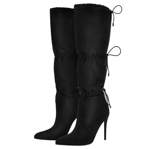 Women Fashion Faux Leather High Heel Tie Up Knee High Boots