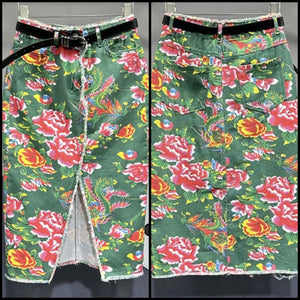 Women Sexy Fashion Green Floral Denim Long Skirt
