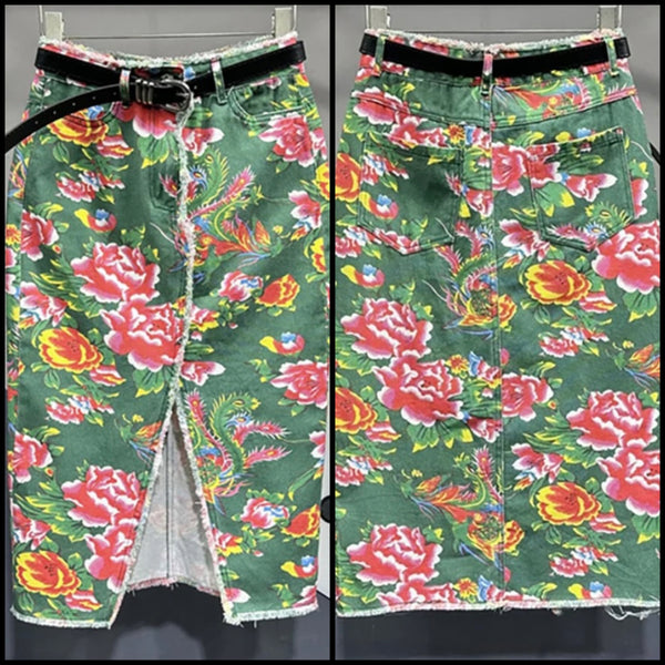 Women Sexy Fashion Green Floral Denim Long Skirt