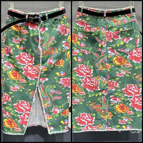 Women Sexy Fashion Green Floral Denim Long Skirt