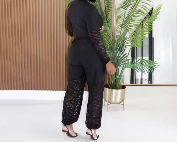 Women Black Lace Patchwork Full Sleeve Two Piece Pant Set